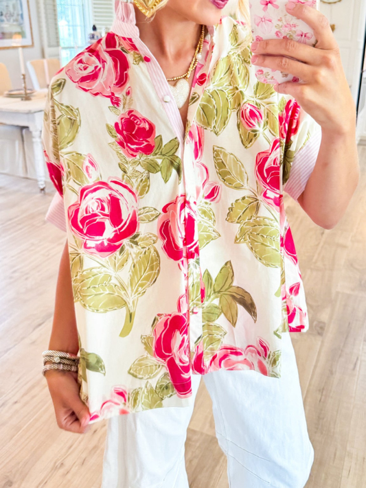 Pink Mix Floral Ruffle Contrast Top