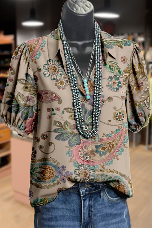 Vintage Paisley Print Puff Sleeve Top