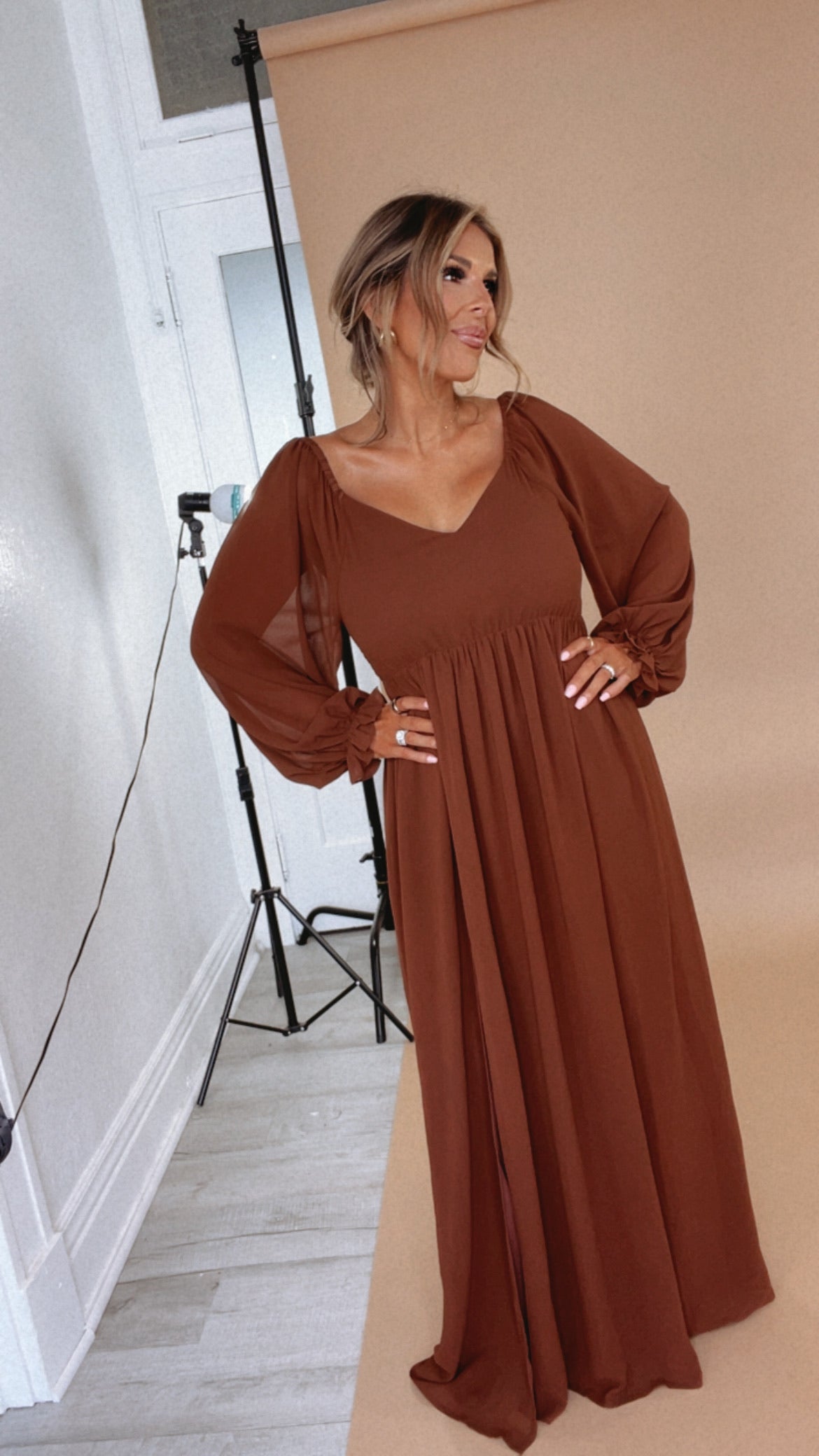 Timeless Romantic Chiffon Maxi Dress, Brown