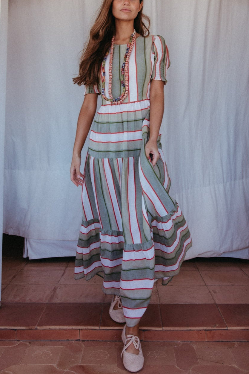Strappy Back Contrast Stripes Midi Dress
