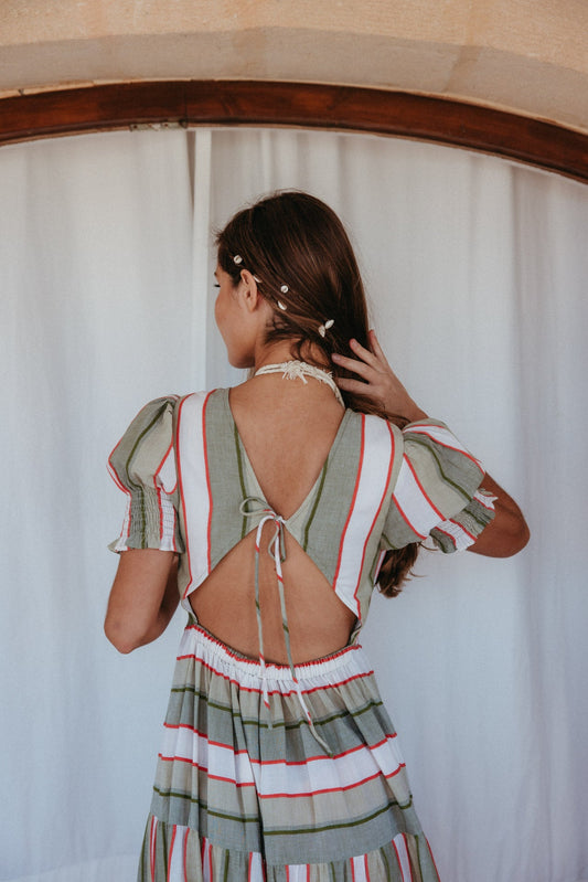 Strappy Back Contrast Stripes Midi Dress