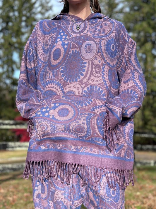 Oversized Patterned Hoodie with Fringe Trim