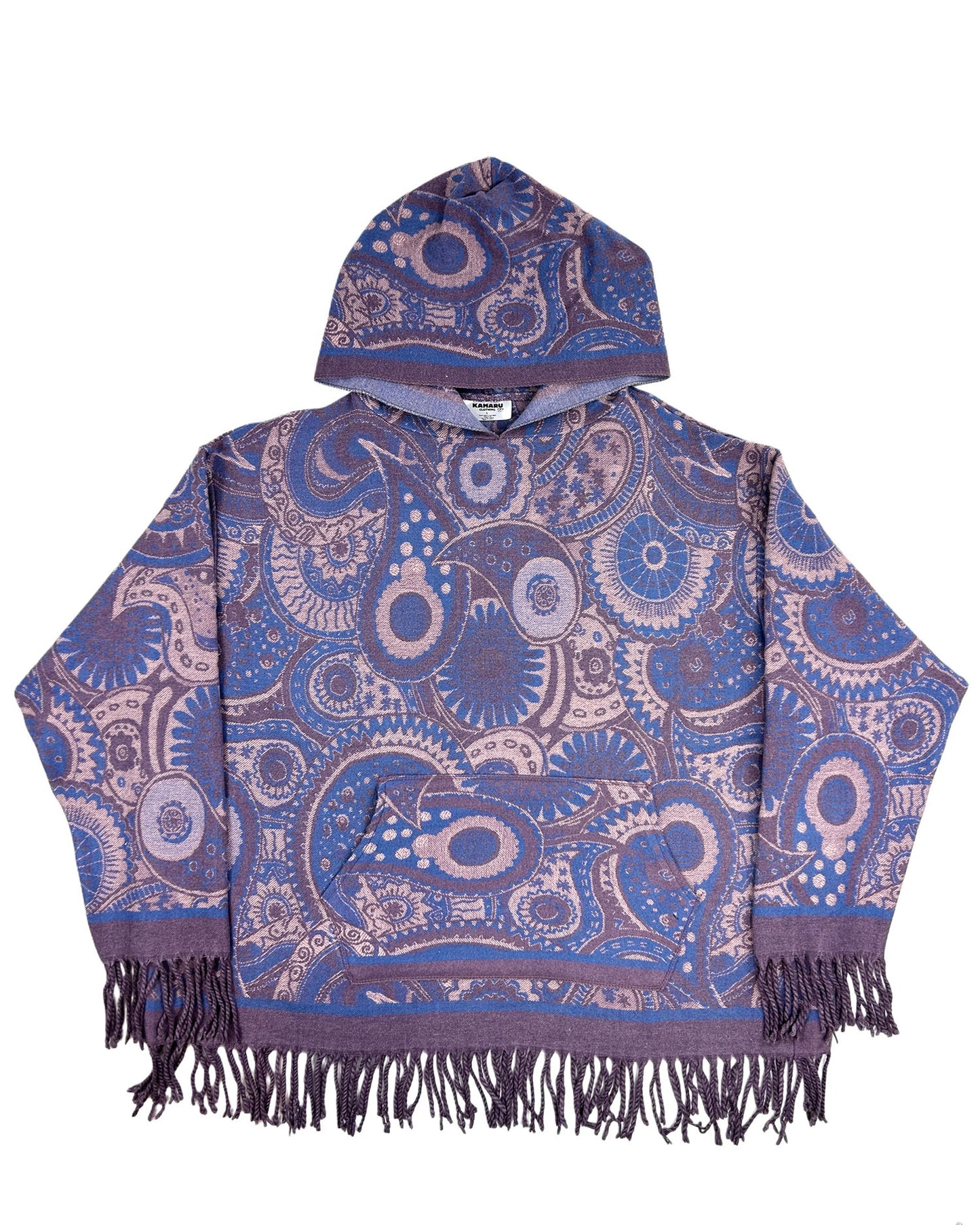 Oversized Patterned Hoodie with Fringe Trim