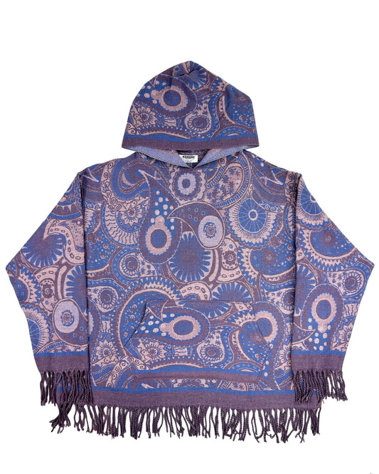 Oversized Patterned Hoodie with Fringe Trim