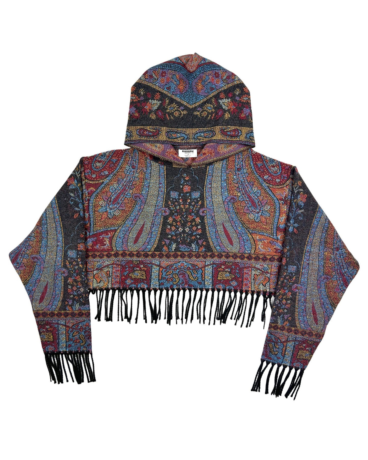 Fringed Cropped Patterned Hoodie