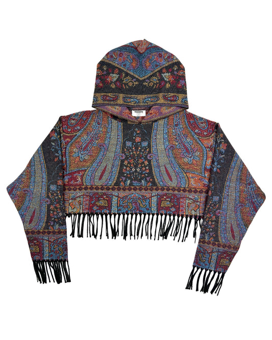 Fringed Cropped Patterned Hoodie