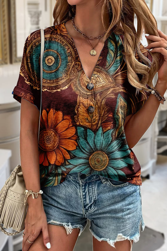 Vintage Leather Floral Print V-Neck T-Shirt