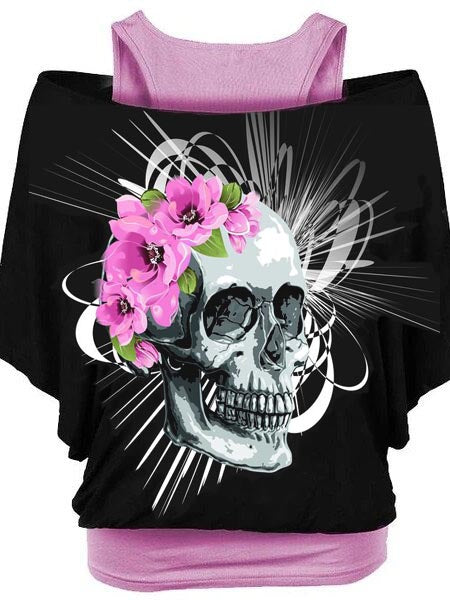Ladies famous band print bat sleeve T-shirt
