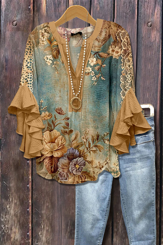 Retro Floral Print Ruffle Sleeve Top
