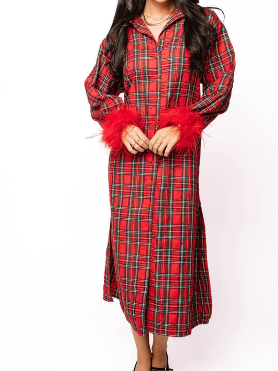 Red and green plaid feather sleeve button midi dress