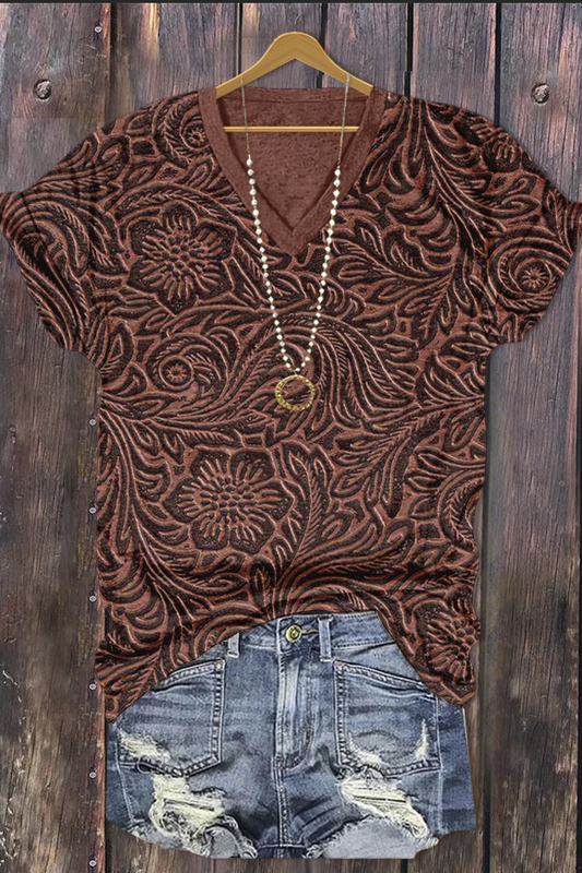 3D Floral Print V-Neck T-Shirt