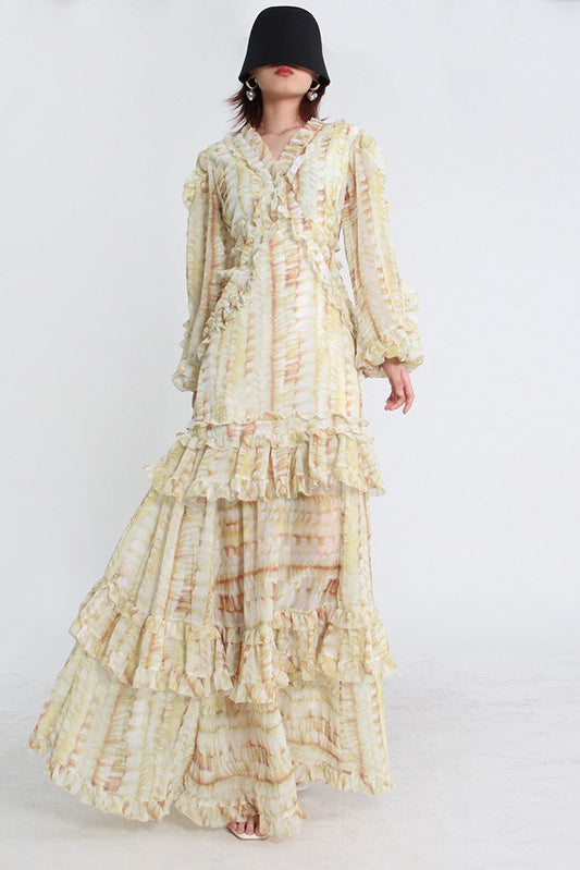 V-Neck Lace Puff Sleeve Tiered Ruffle Hem Maxi Dress Yellow