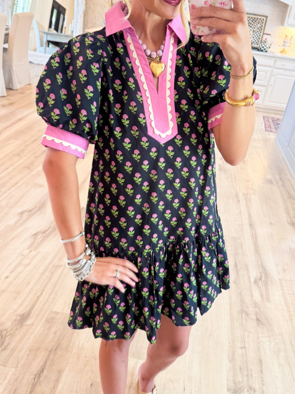 Black and Pink Flower Printed Scallop Trim Mini Dress
