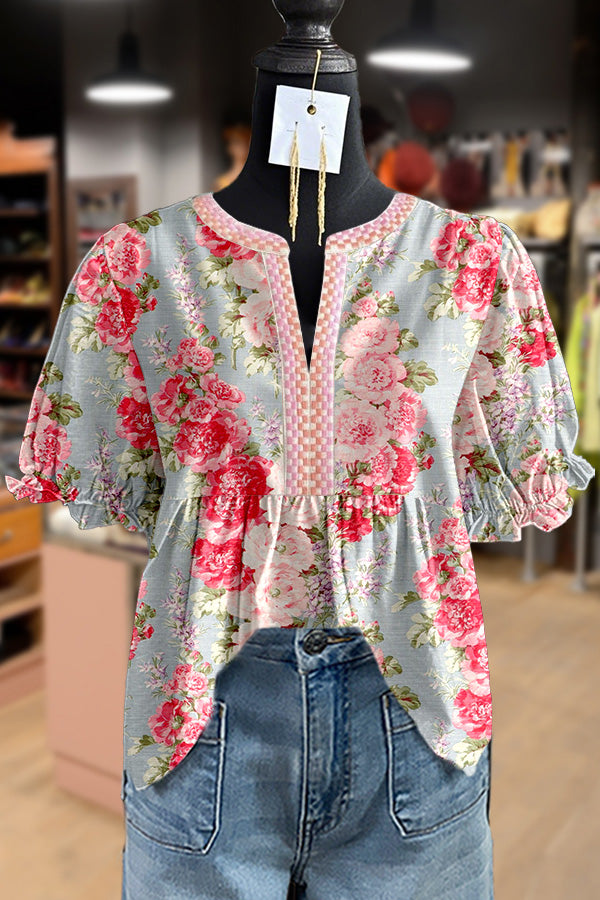 Retro Floral Print Embroidered Neck Puff Sleeve Top