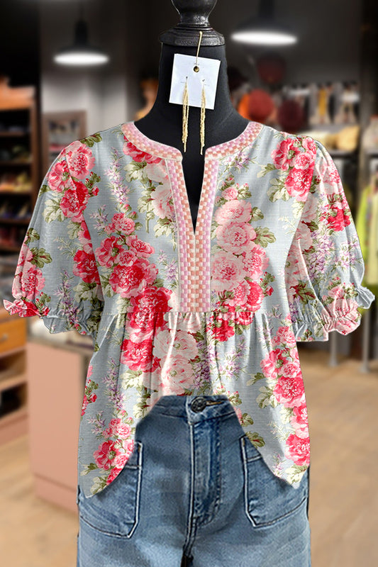 Retro Floral Print Embroidered Neck Puff Sleeve Top