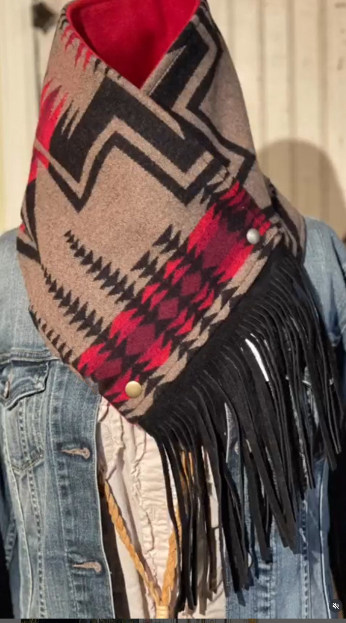 Women's Western Fringed Shawl - Black/Red Aztec Pattern