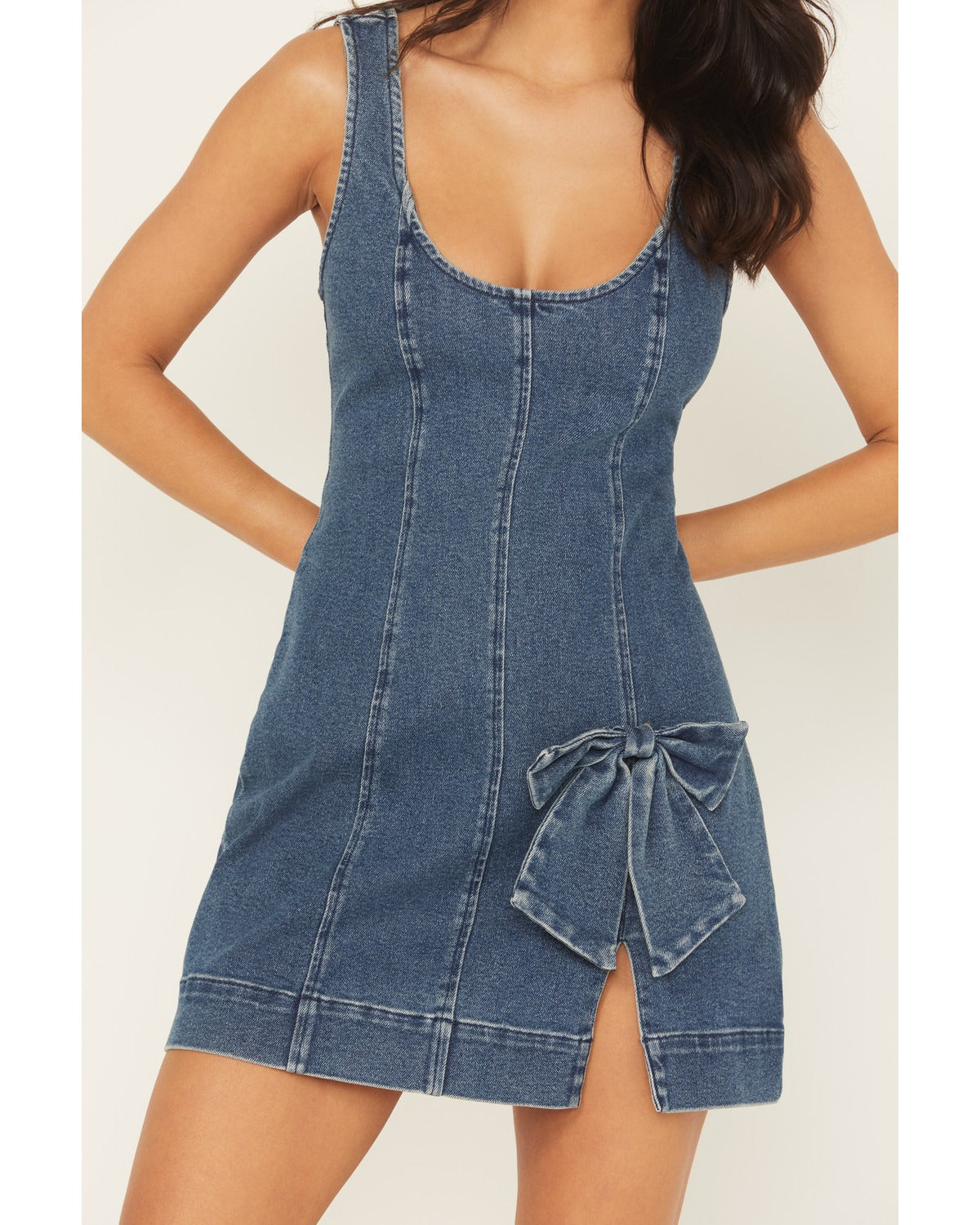 Sleeveless Bow Denim Mini Dress
