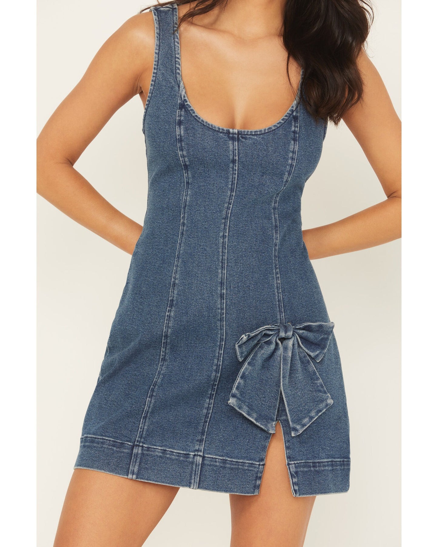 Sleeveless Bow Denim Mini Dress
