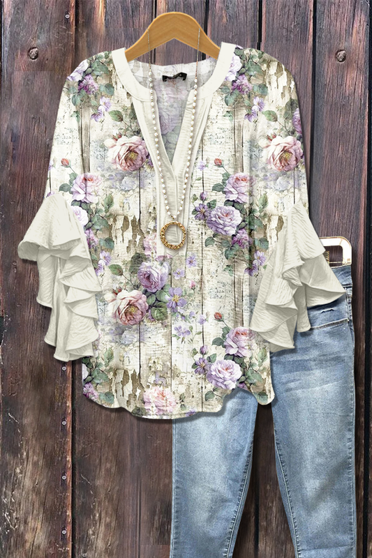 Retro Floral Print Ruffle Sleeve Top