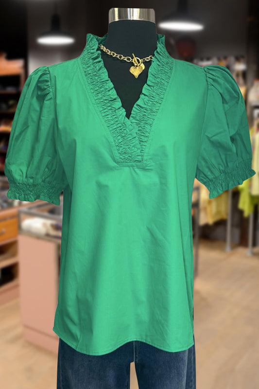 Solid Ruffle Neck Puff Sleeve Top