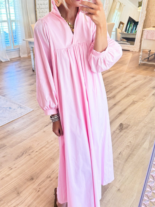 Pink High Ruffle Neck Midi Dress