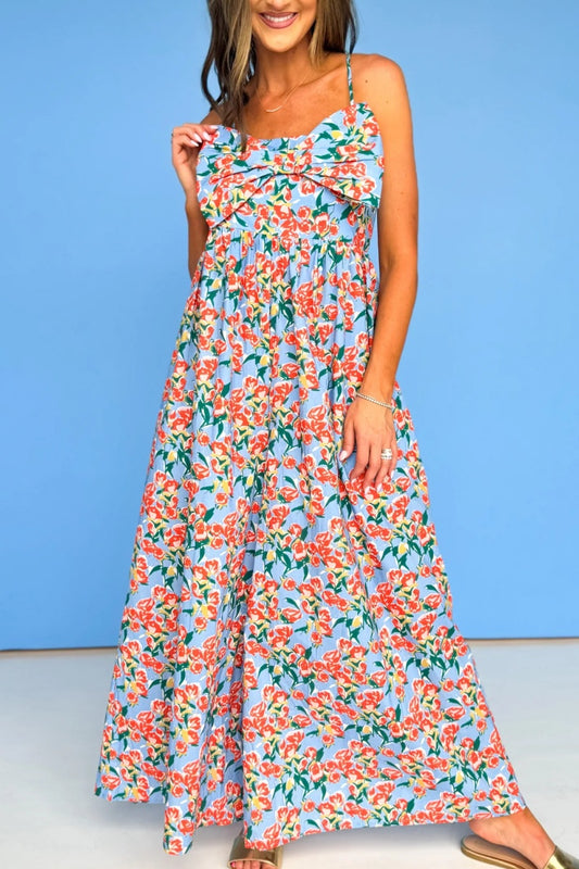 Blue Multi Floral Bow Front Detail Jumpsuit