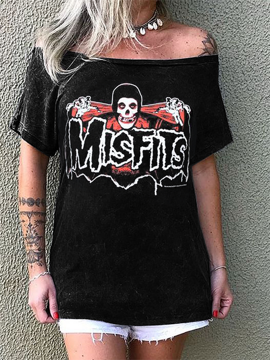 Punk printed casual off-shoulder short-sleeved T-shirt