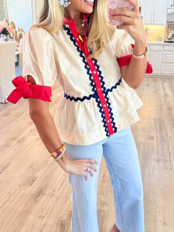 Ecru and Red Ric Rac Trim Top