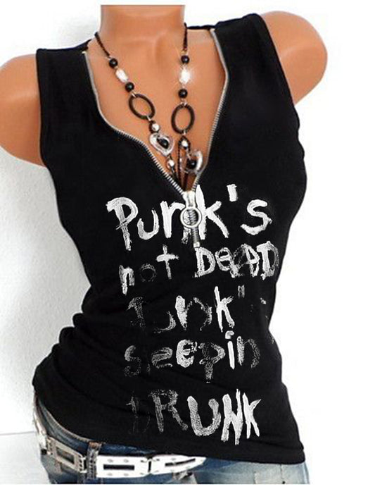 Punk Letter Print V-neck Sleeveless T-shirt Vest Tops
