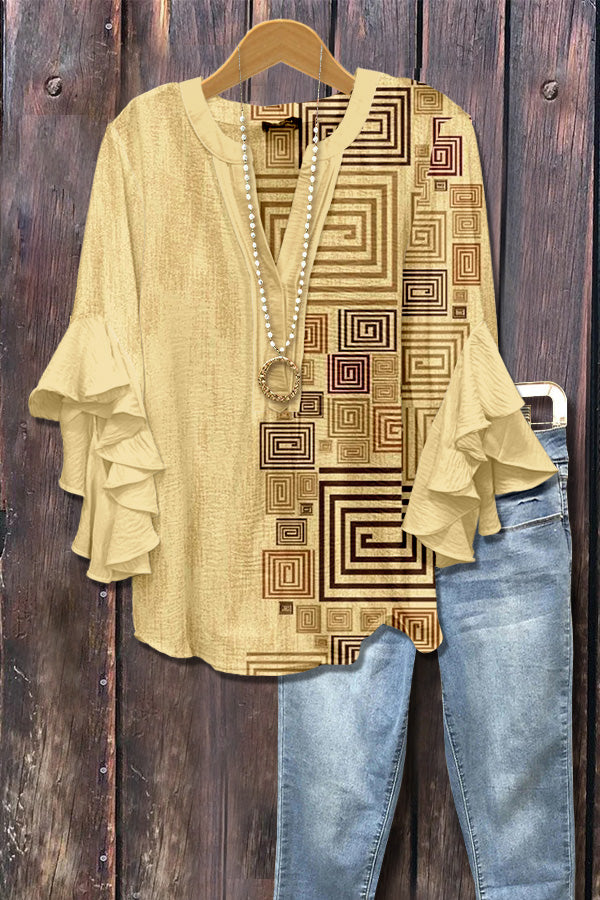 Geometric Abstract Print Ruffle Sleeve Top