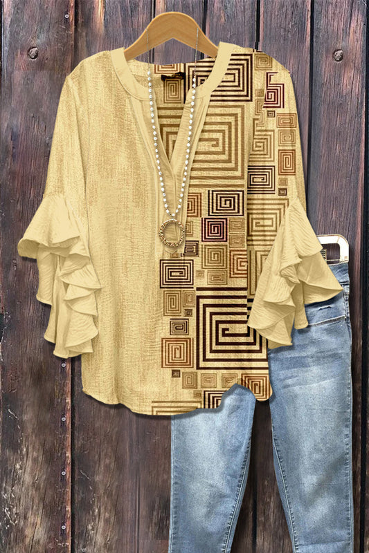 Geometric Abstract Print Ruffle Sleeve Top