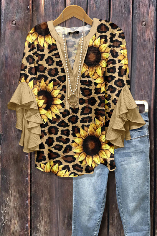 Sunflower Leopard Print Ruffle Sleeve Top