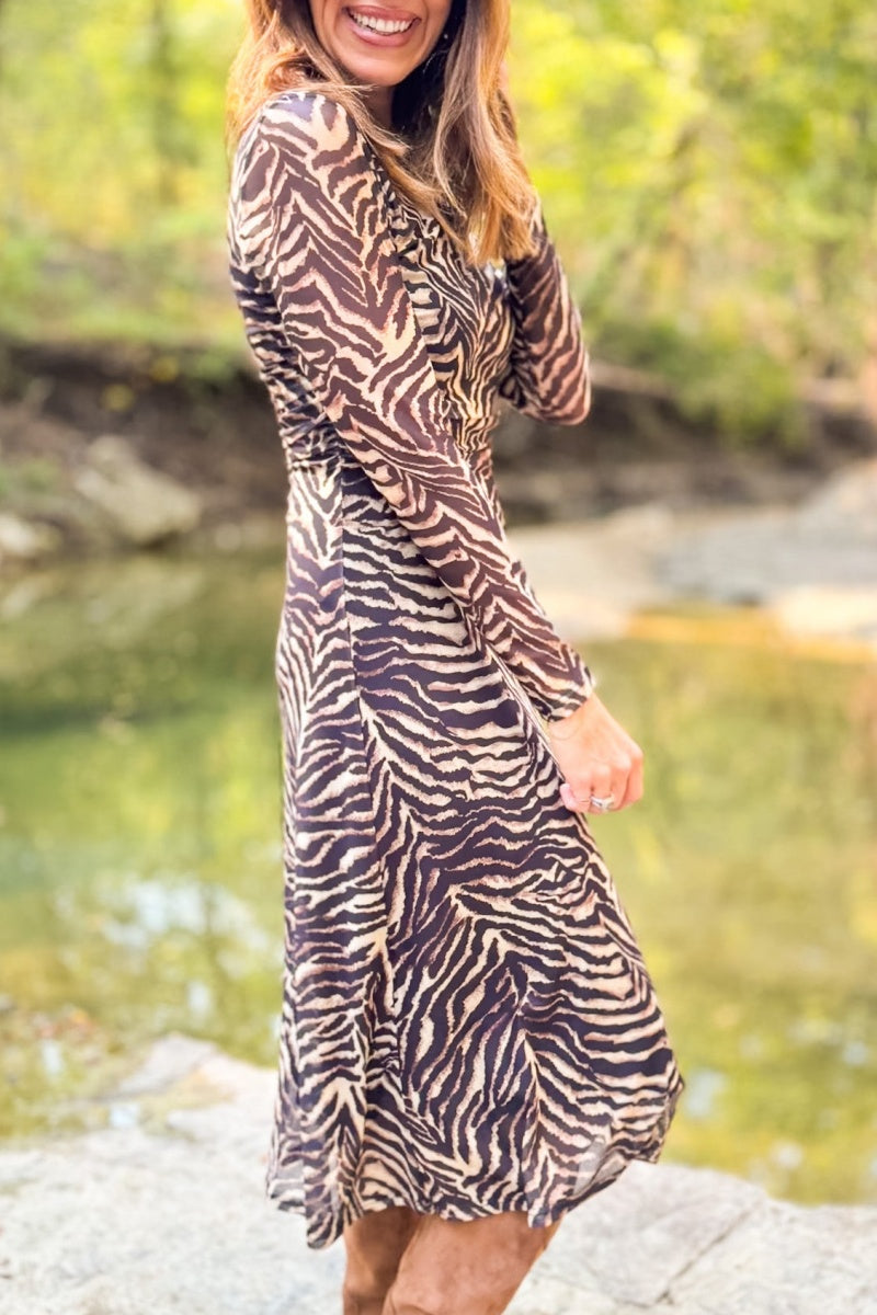 Brynn Mesh Midi Dress In Animal Stripes