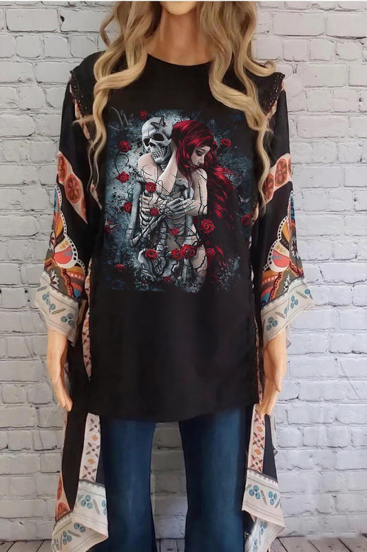 Skull Head Punk Printed Bat Sleeve Top