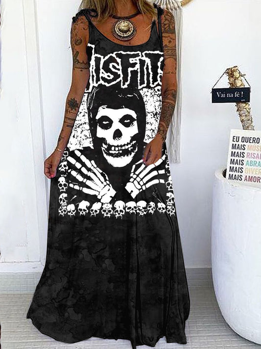 V-NECK PRINTED PUNK LOOSE SLIT DRESS