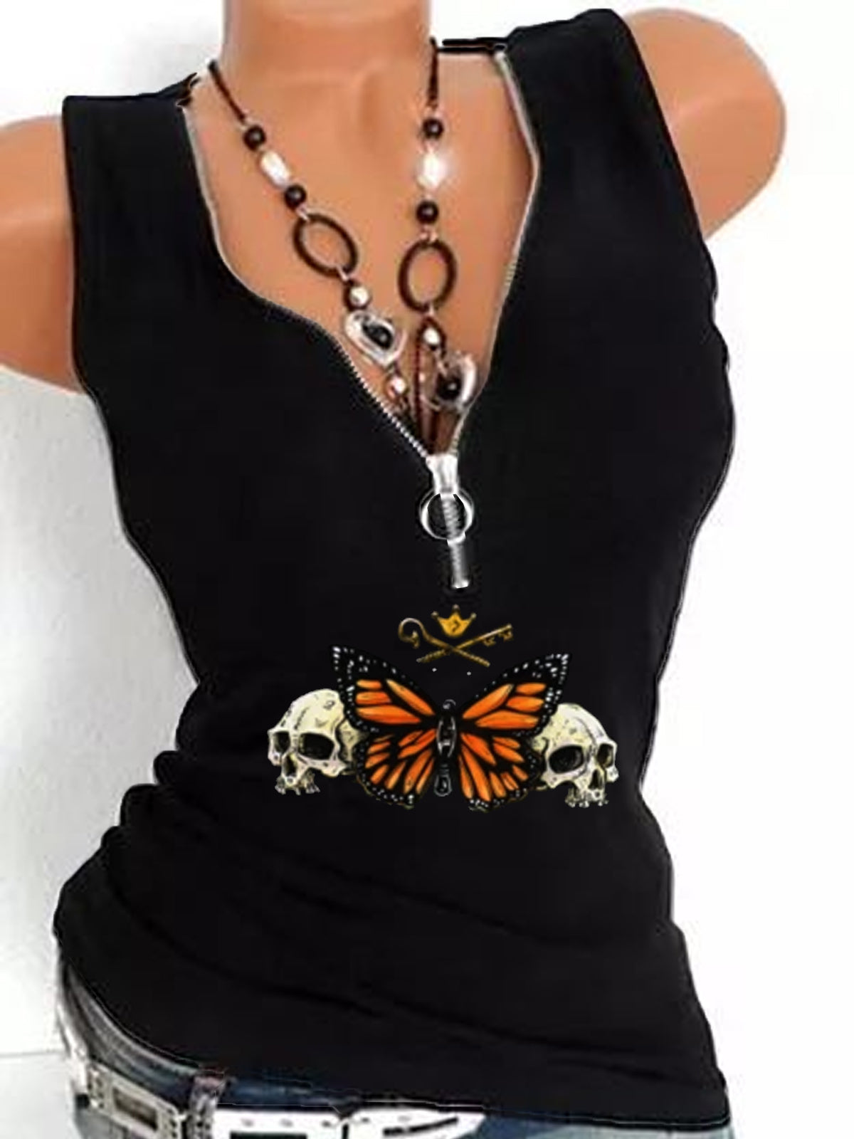 Butterfly Skull V-neck Sleeveless T-shirt Vest Tops