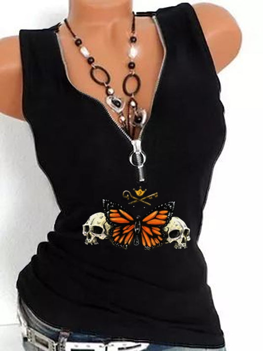 Butterfly Skull V-neck Sleeveless T-shirt Vest Tops