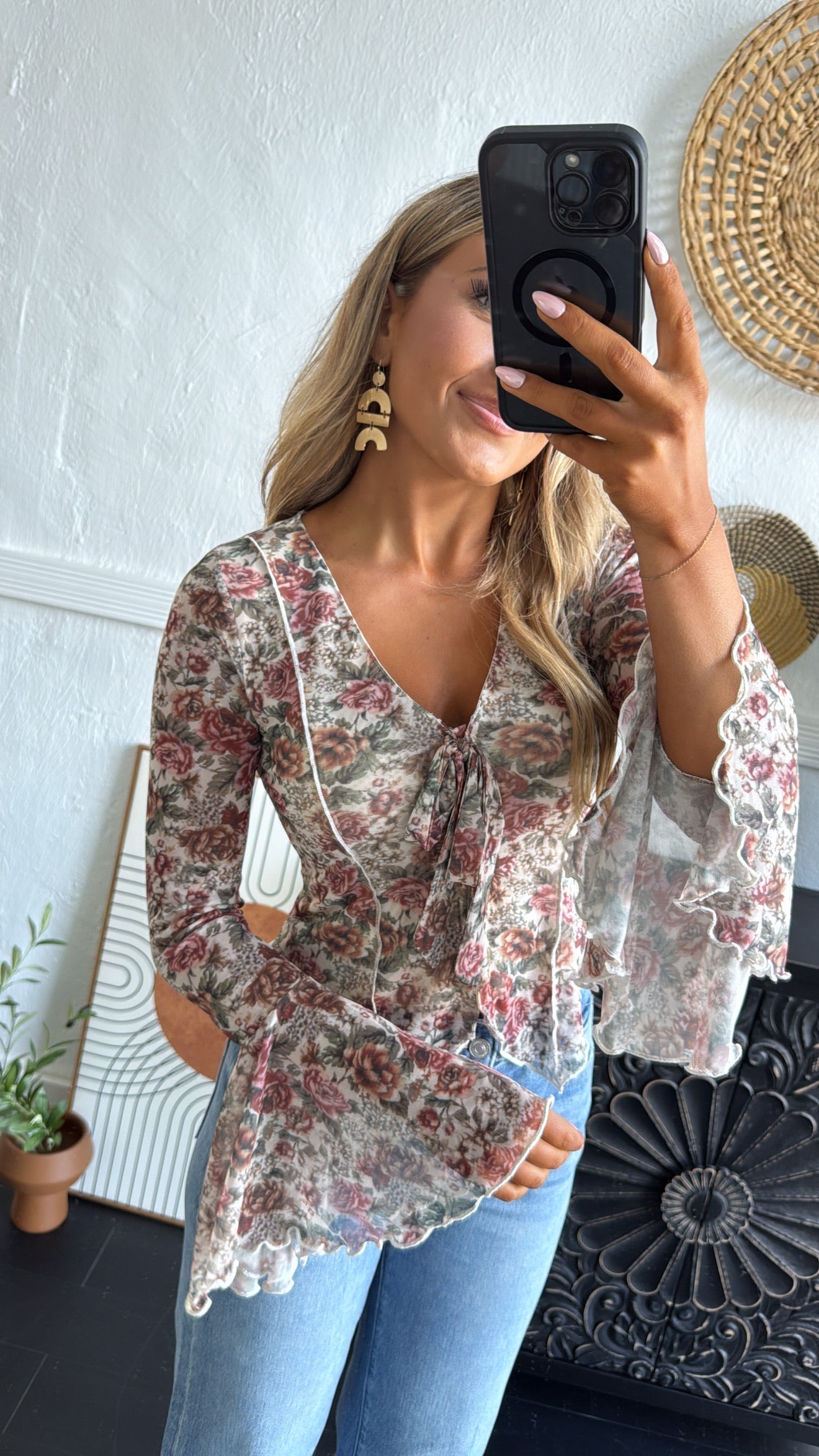 Last Floral Kiss Tied Top, Cream