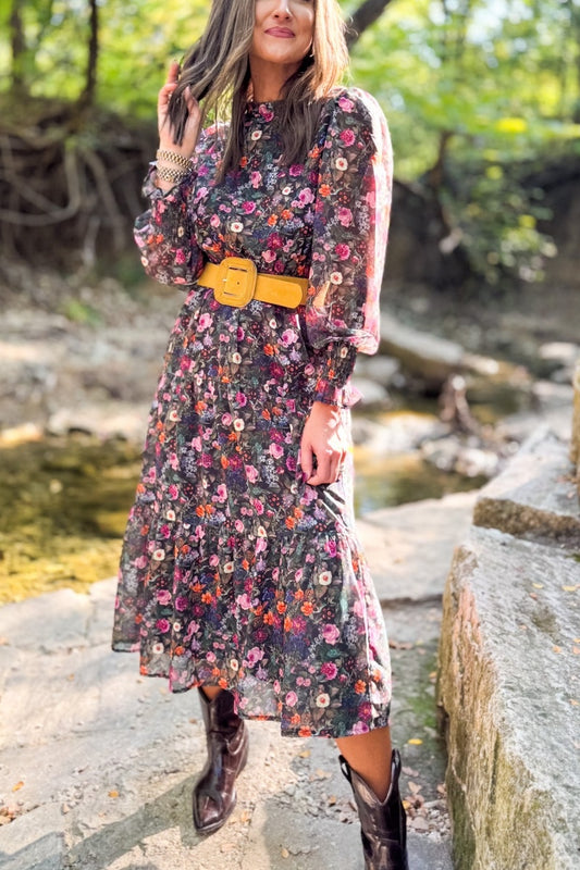 Danielle Printed Sheer Sleeve Dress In Floral