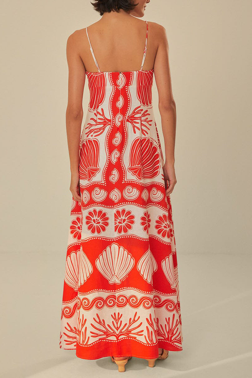 Ocean Print Suspender Tie Maxi Dress