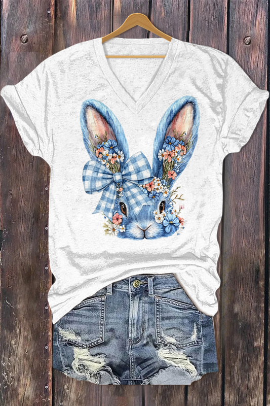 Floral Bunny Print V-Neck T-Shirt