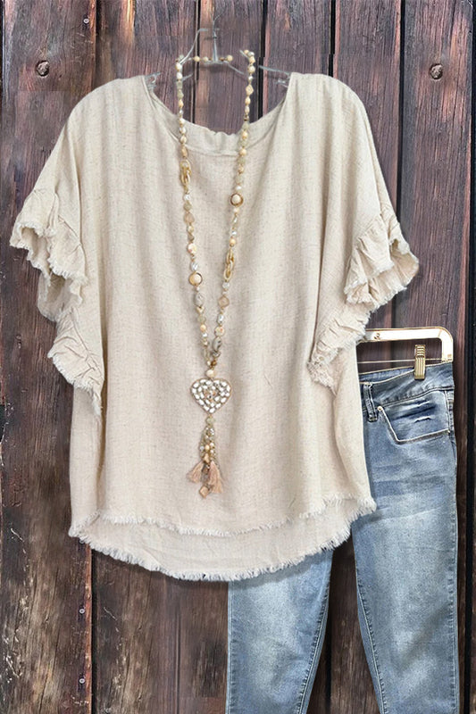 Casual Drop Shoulder Flutter Sleeve Linen Top