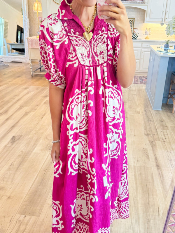 Mixed Print Puff Sleeve Midi Dress