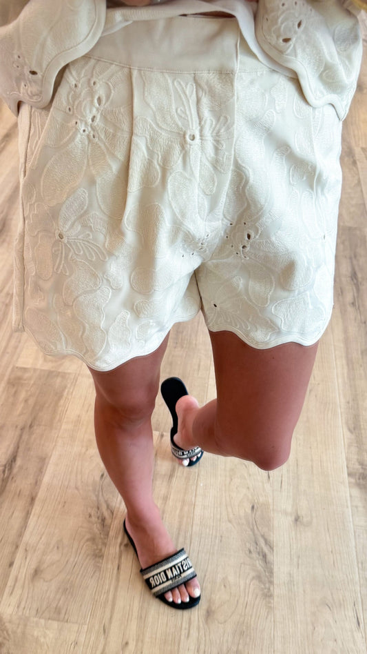 Cream Embroidered Floral Shorts