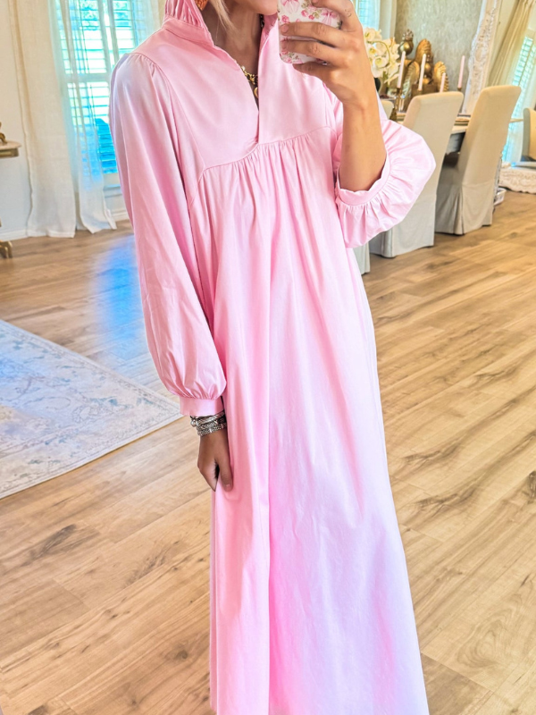 Pink High Ruffle Neck Midi Dress