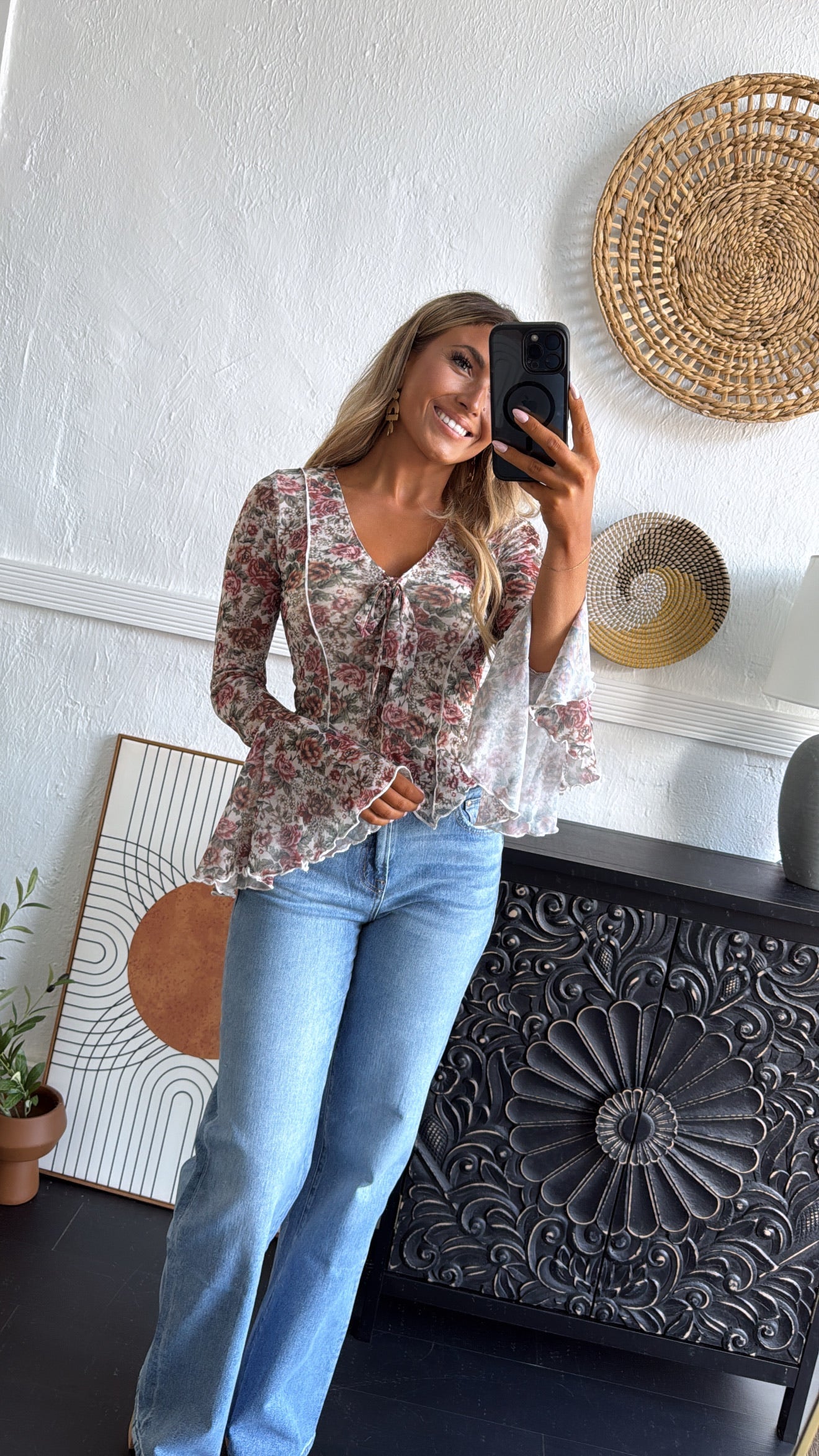 Last Floral Kiss Tied Top, Cream