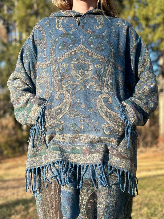 Oversized Patterned Hoodie with Fringe Trim