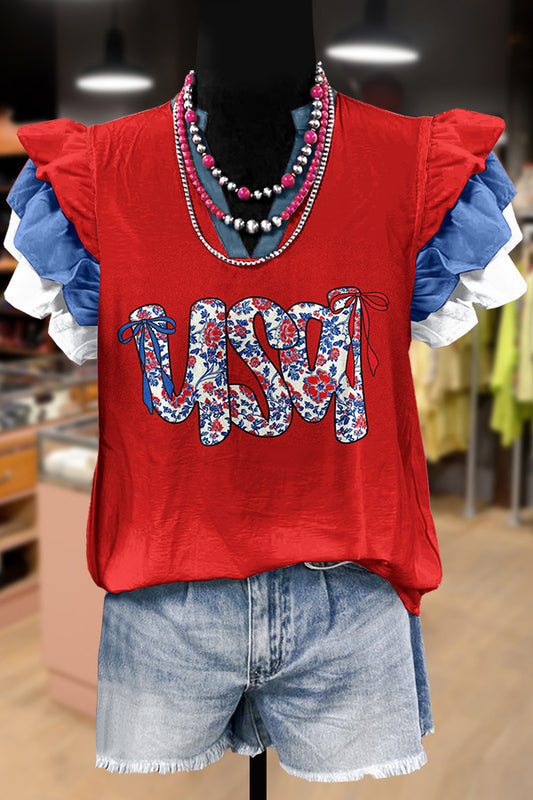 Floral USA Print Layered Sleeve Patriotic Top
