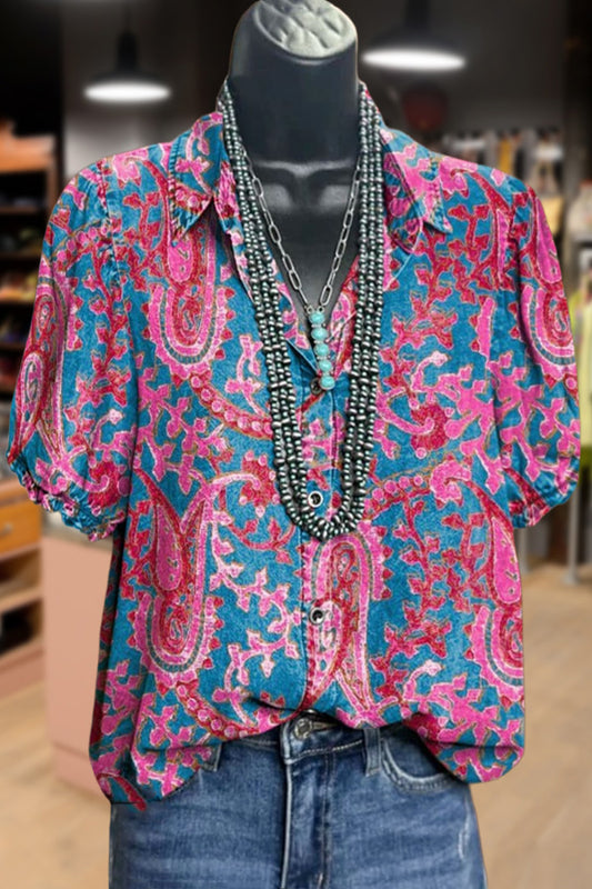 Vintage Paisley Print Puff Sleeve Top