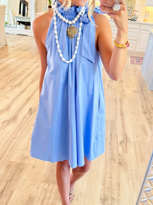 Sky Blue Ruffle Neck Bow Dress